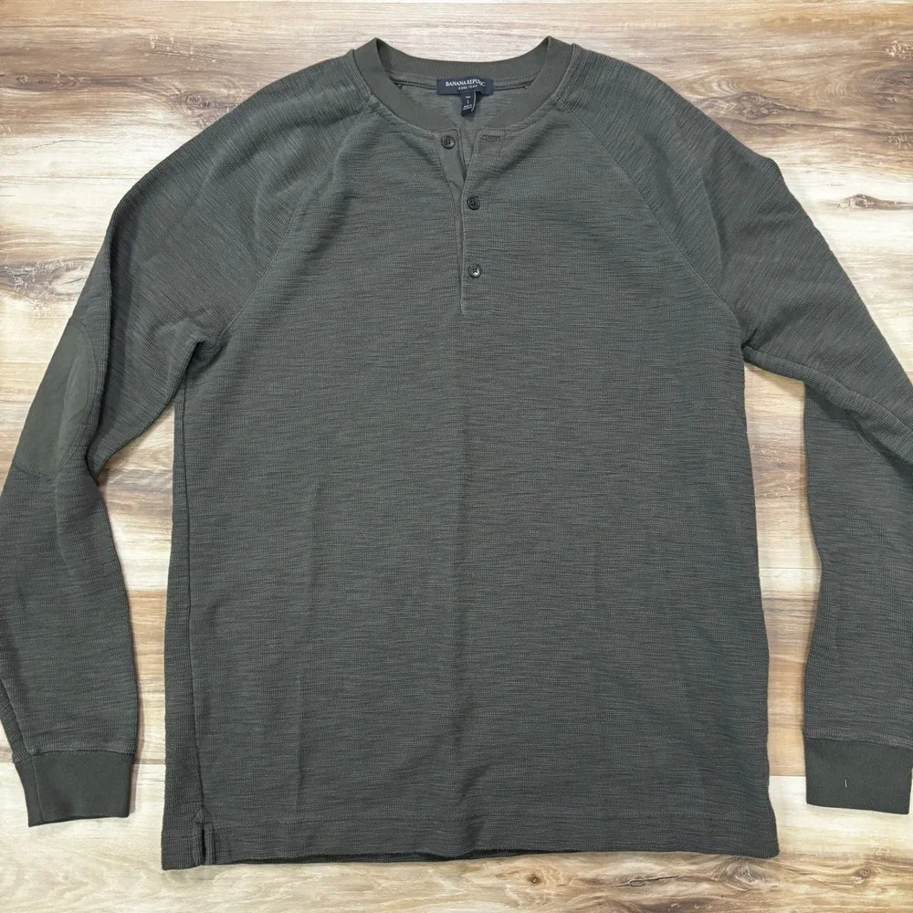Banana Republic Henley Shirt Large Tall Core Temp Slub Cotton Blend Olive Green